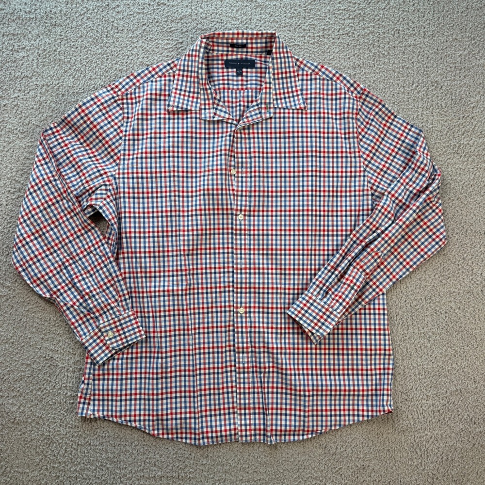 Tommy Hilfiger Mens XL Slim Fit Gingham Button Down Shirt Red‎ Blue Check 17.5